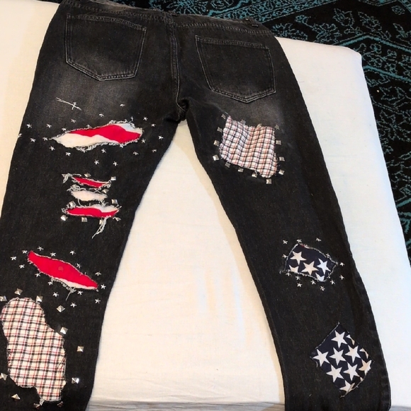 Custom Made No Boundaries Distressed Black Jeans with Flag Accents - Picture 2 of 2